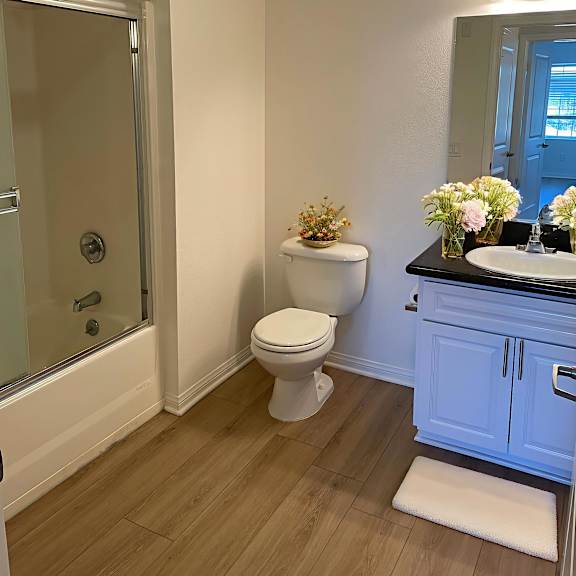 a white toilet sits in a bathroom next to a sink.