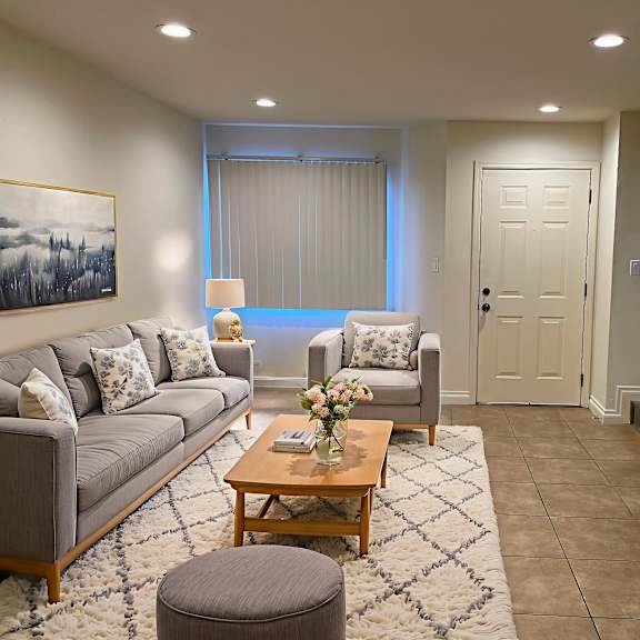 a living room with a grey couch, a wooden coffee table, and a rug.