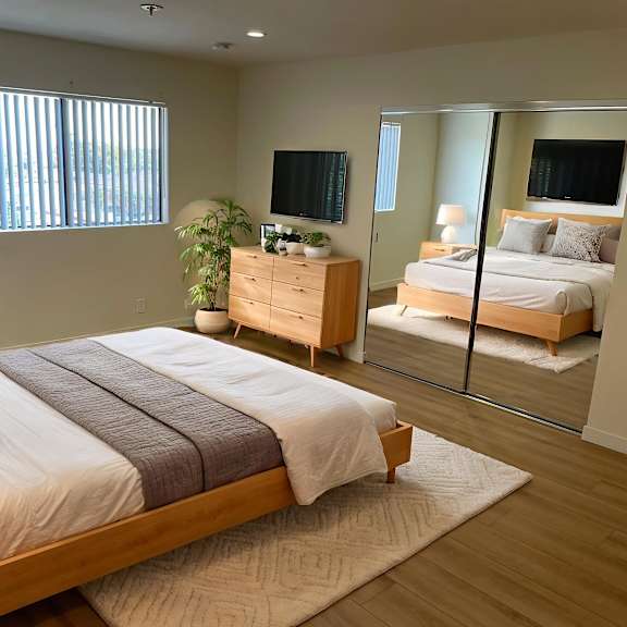 a bedroom with a large bed and a mirrored closet door.