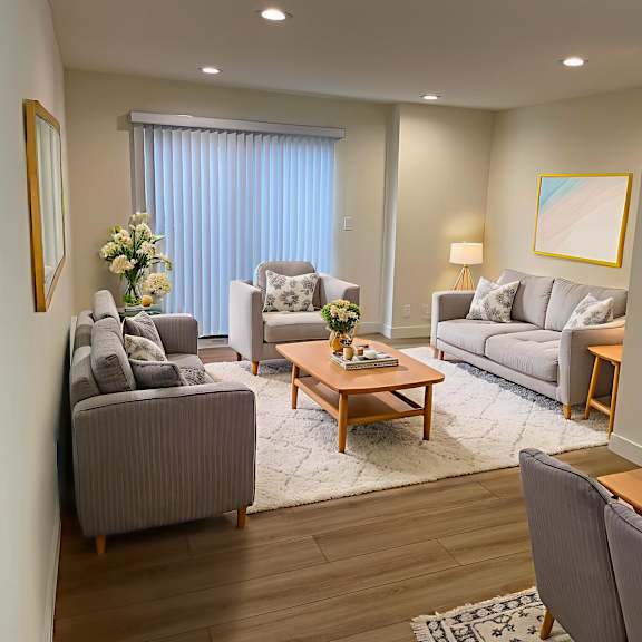 a living room with a grey couch, a wooden coffee table, and a painting on the wall.
