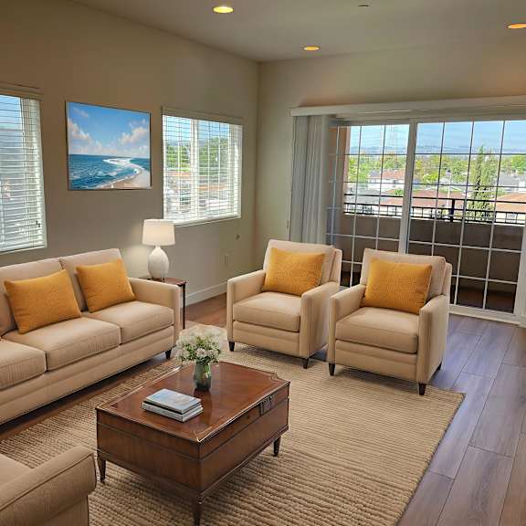 a living room with a couch, chairs, and a coffee table.