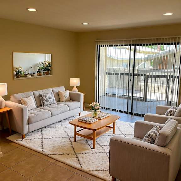 a living room with a grey couch, a coffee table, and a painting on the wall.