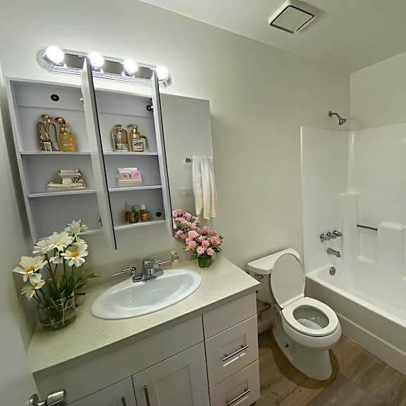 a white bathroom with a sink, mirror, toilet, and bathtub.