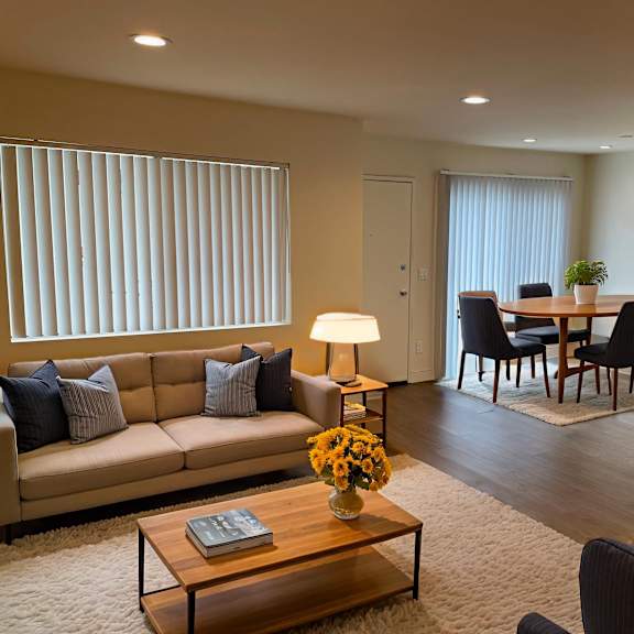 a living room with a sofa, a coffee table, and a dining table.