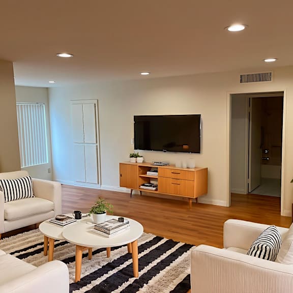 a living room with a white sofa, a coffee table, a television, and a plant.