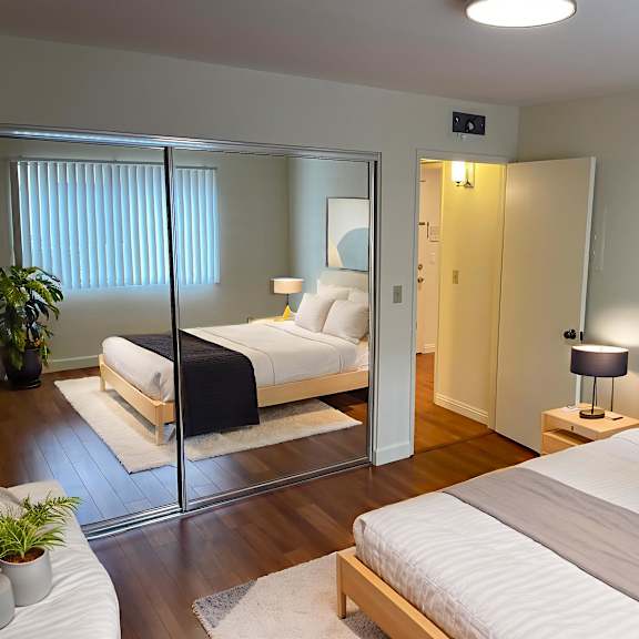 a bedroom with two beds and a painting on the wall.