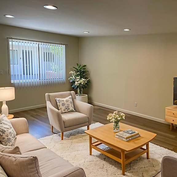 a living room with a couch, chair, and coffee table.