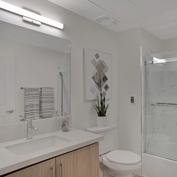 a bathroom with a shower and a sink and a toilet