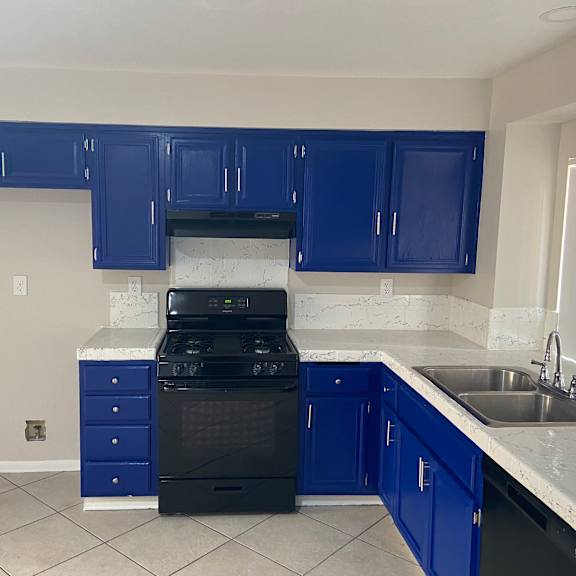 a kitchen with blue cabinets and a black stove and sink