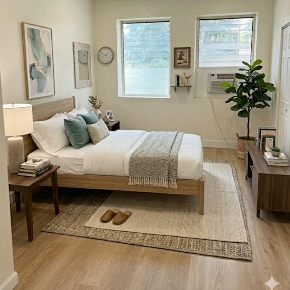 a bedroom with a bed, nightstand, and a plant.