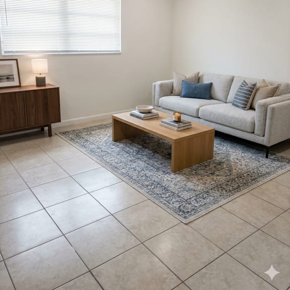 a living room with a couch, a coffee table, and a rug.