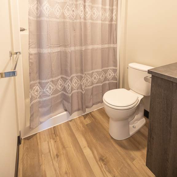 a bathroom with a toilet and a shower curtain