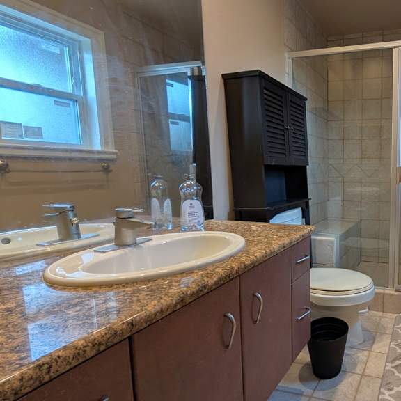 a bathroom with a sink, toilet, and shower.