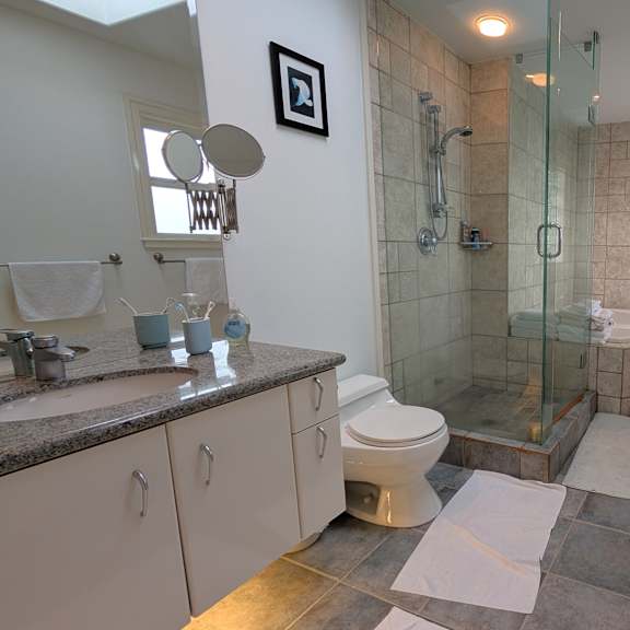 a bathroom with a glass shower stall and a toilet.