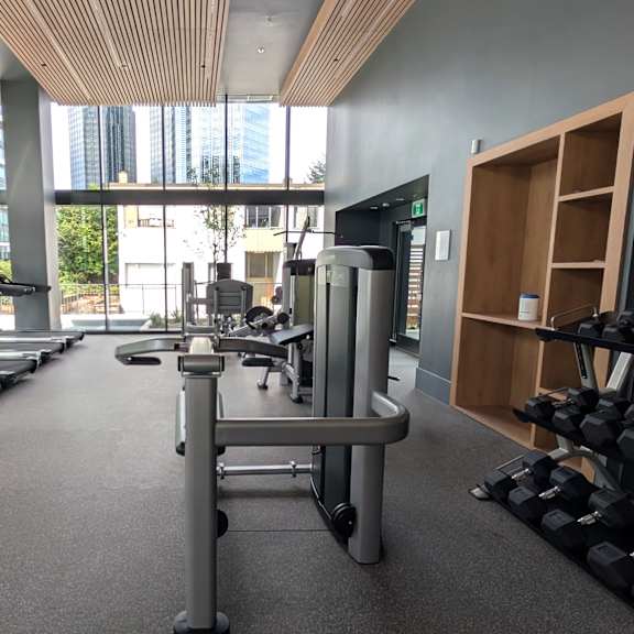 a gym with a variety of equipment including treadmills, weights, and a television.