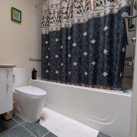 a bathroom with a toilet, sink, and shower curtain.