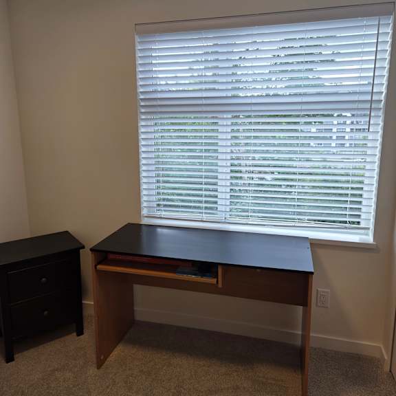 a window with blinds is open and lets in light.