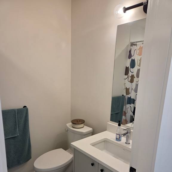 a bathroom with a toilet and a towel.