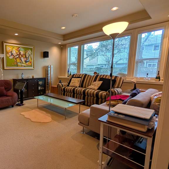 a living room with a red chair and a couch.