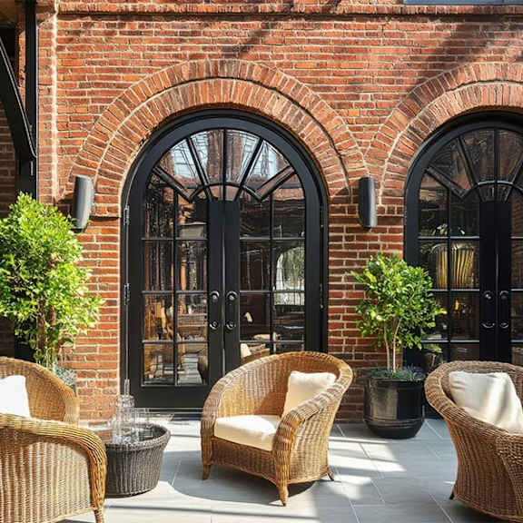 four wicker chairs are arranged on a patio.