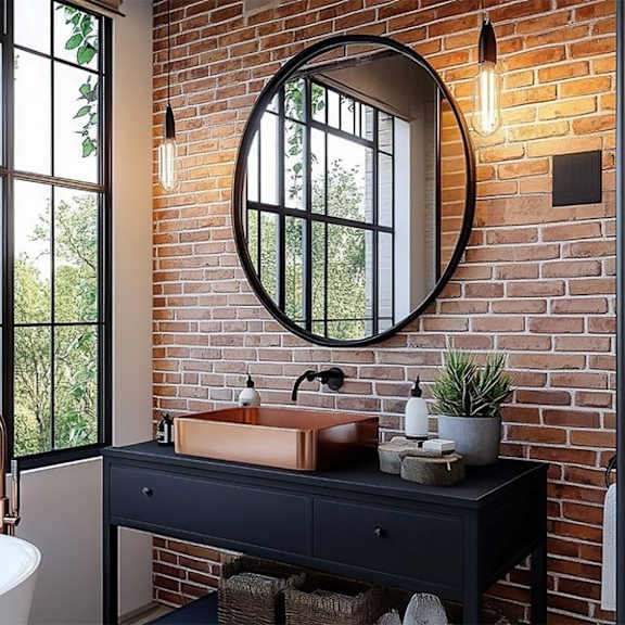 a bathroom with a round mirror and a black vanity.