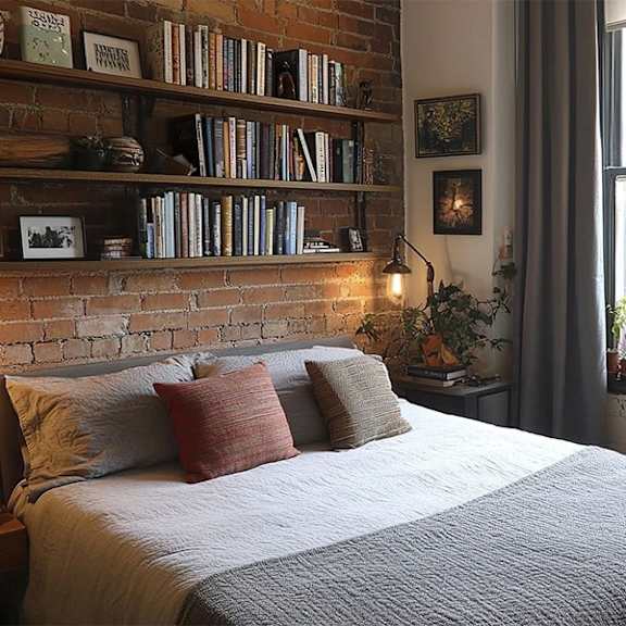 a bed with a white comforter and a pillow with a red and beige pillow case sits in front of a window with a view of a city.