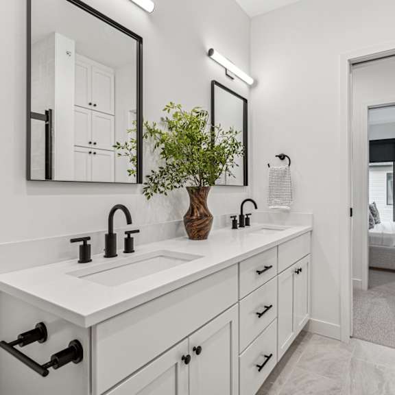 Thumbnail 11 of 11 A white bathroom with a large mirror and a plant on the sink.