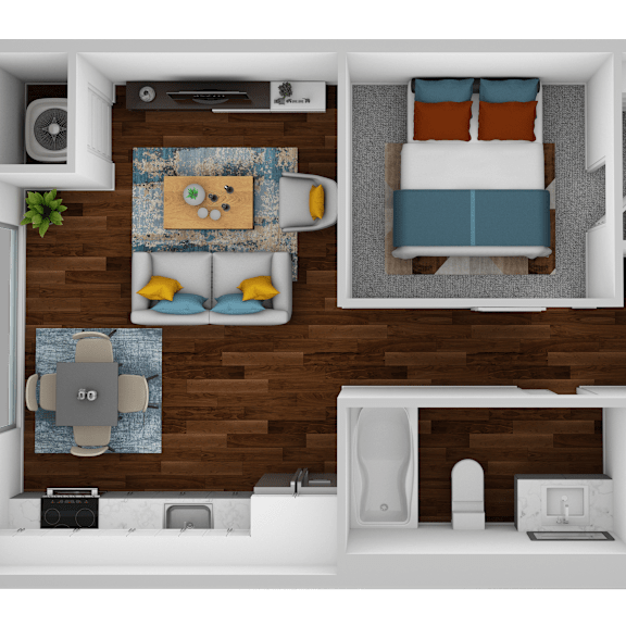Thumbnail 1 of 2 a 3d rendering of a bedroom with a bathroom and a living room