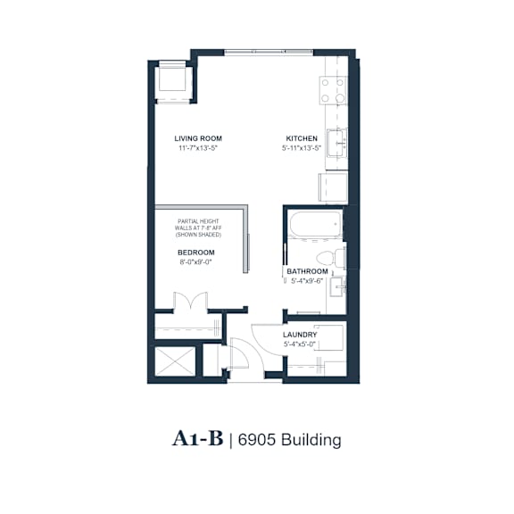 Thumbnail 4 of 5 A floor plan of apartment A1-B in the 6905 Building.