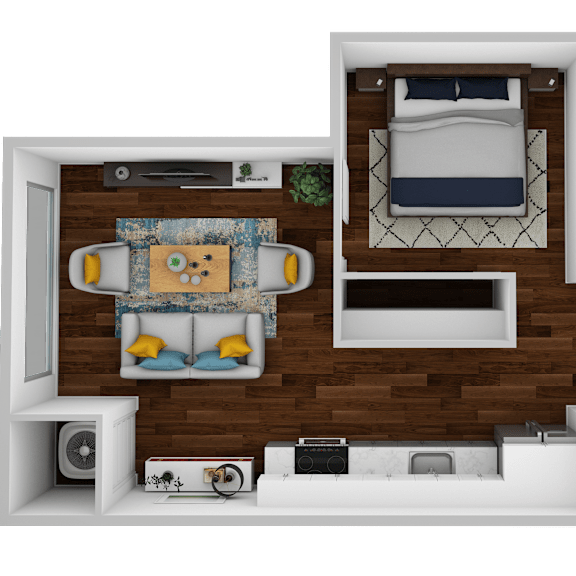 Thumbnail 1 of 2 a stylized layout of a bedroom with a living room and a dining room