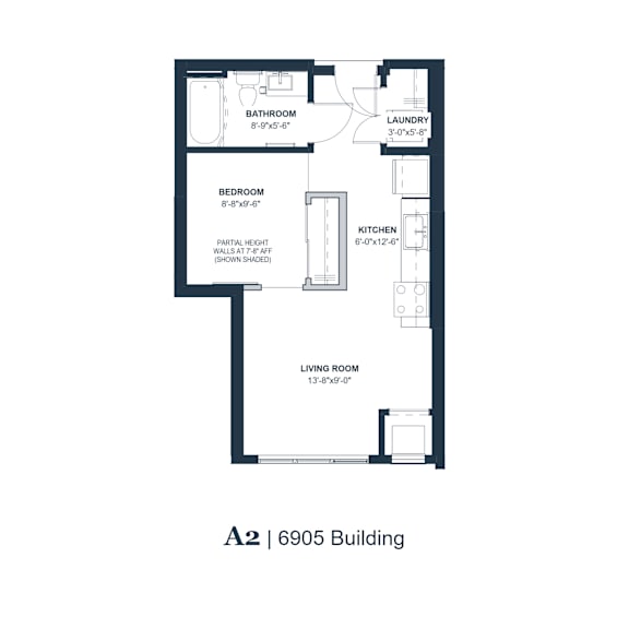 Thumbnail 1 of 3 A floor plan of apartment A2 in the 6905 Building.