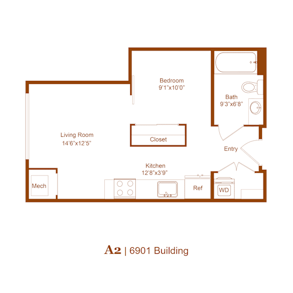 Thumbnail 3 of 3 A 2 | 6901 Building floor plan with a living room, kitchen, bathroom, bedroom, and closet.