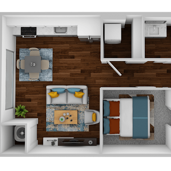 Thumbnail 1 of 2 a stylized floor plan with a bedroom and a living room
