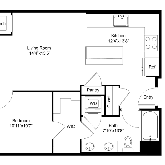 Thumbnail 2 of 2 a floor plan of a studio apartment with a bedroom and a living room