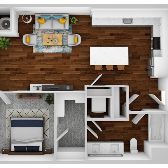 Thumbnail 1 of 2 a stylized floor plan of a bedroom with a bathroom and a living room