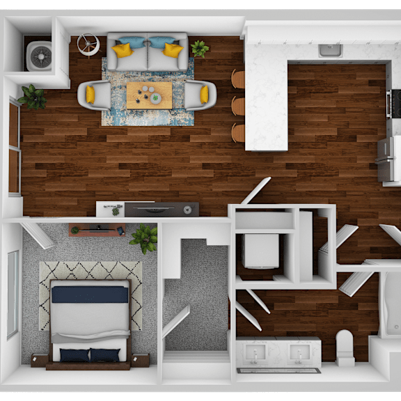 Thumbnail 1 of 2 an overhead view of the floor plan of a 1 bedroom apartment