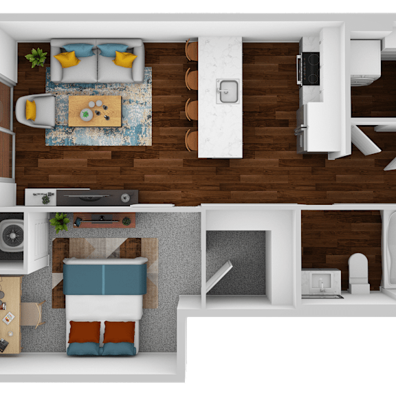 Thumbnail 1 of 2 a 3d rendering of a bedroom floor plan with a living room and dining room
