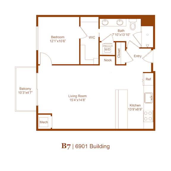 Thumbnail 2 of 2 A floor plan of apartment B7 in the 6901 Building.
