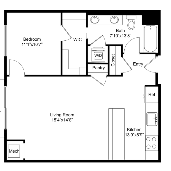 Thumbnail 2 of 2 a floor plan of a studio apartment with a bedroom and a living room
