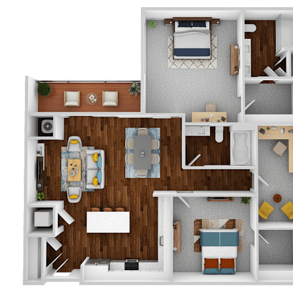 Thumbnail 1 of 2 a 3d rendering of the 1 bedroom floor plan with roommates