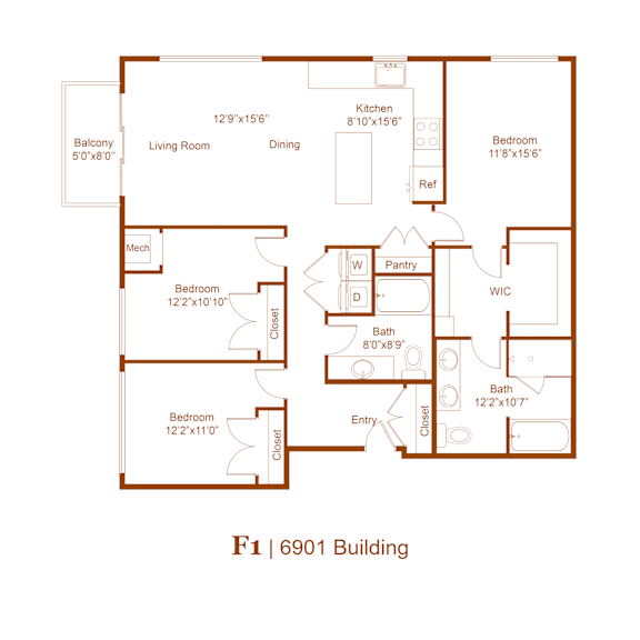 Thumbnail 4 of 4 A floor plan of a building labeled F1 6901 shows the layout of rooms including a kitchen, living room, dining room, and multiple bathrooms.