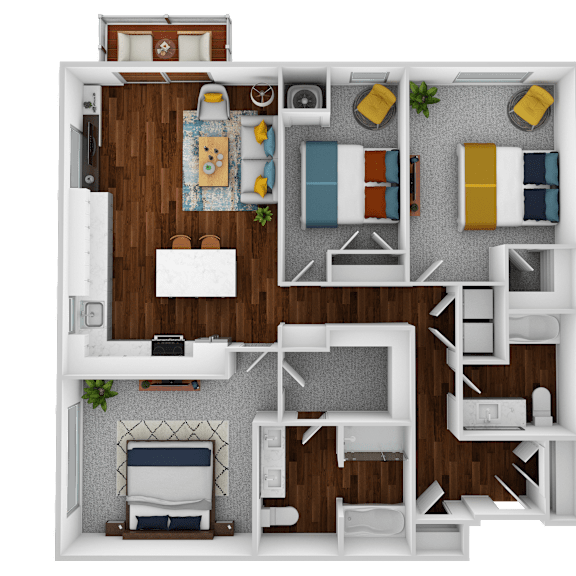 Thumbnail 1 of 2 a 3d drawing of the 1 bedroom floor plan with roommates