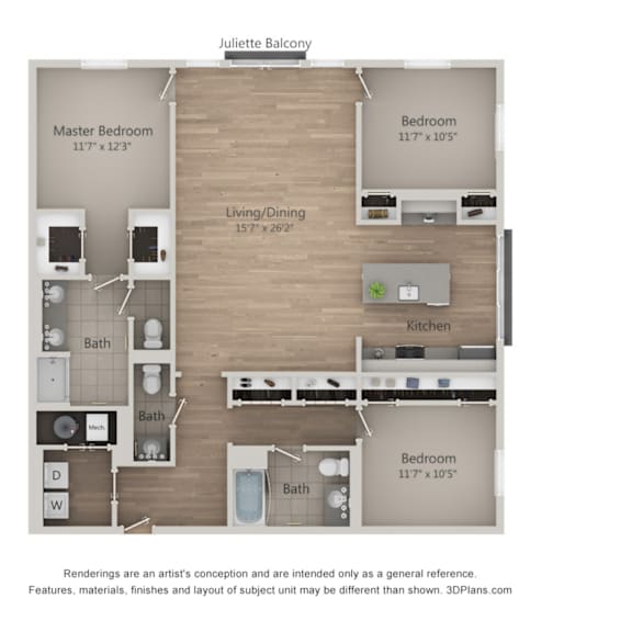 Thumbnail 1 of 2 A floor plan of a Juliette Balcony apartment with a living/dining area, kitchen, and three bedrooms.