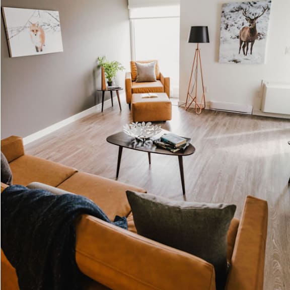 a living room with a brown couch and a coffee table.