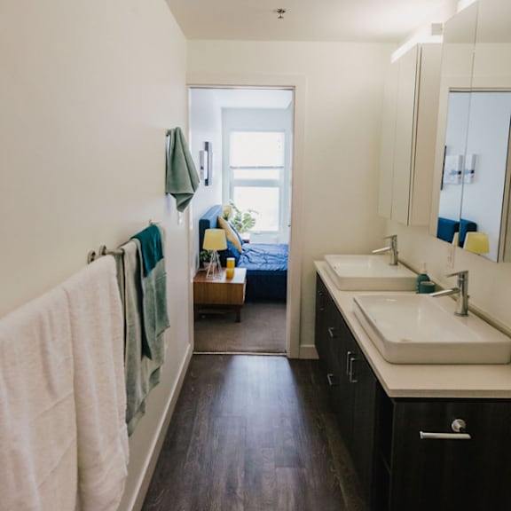 a bathroom with a white sink and a mirror.