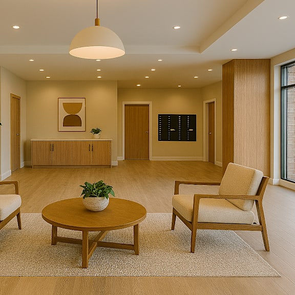 a living room with a large window and a wooden floor.
