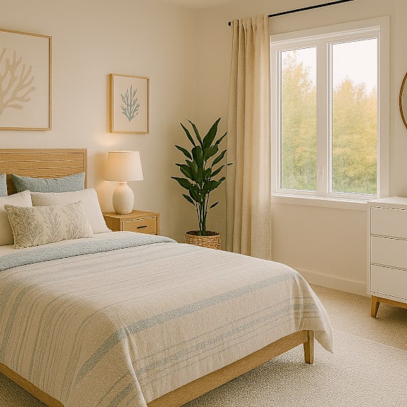a bedroom with a large bed and a plant on the side table.