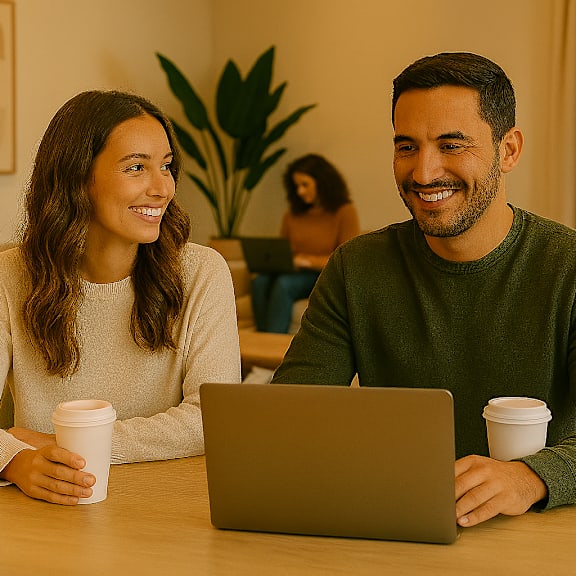 two people sitting at a table with a laptop and coffee cups.