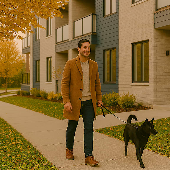 a man walking his dog on a leash in front of a building.