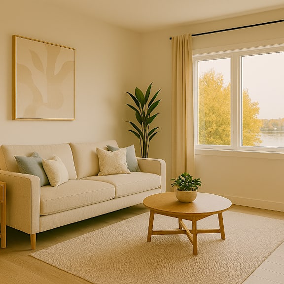 a living room with a couch, a table, and a plant.